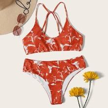 Romwe Criss Cross Top With Marble Print Bikini Set
