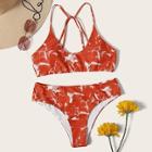 Romwe Criss Cross Top With Marble Print Bikini Set