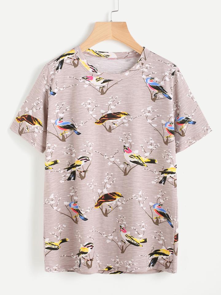 Romwe Bird Floral Print Random Tee