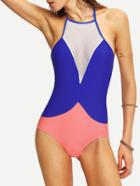 Romwe Contrast Mesh Insert One-piece Swimwear - Blue