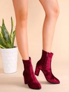 Romwe Burgundy Velvet Point Toe Side Zipper Booties