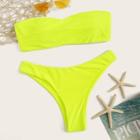 Romwe Neon Yellow Knot Back Bandeau With High Cut Bikini Set