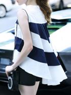 Romwe White Navy Striped High Low Top With Shorts