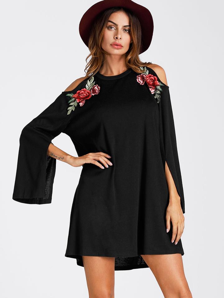Romwe Open Shoulder Split Sleeve Rose Patch Dress