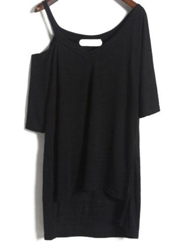Romwe V Neck Dip Hem Black T-shirt