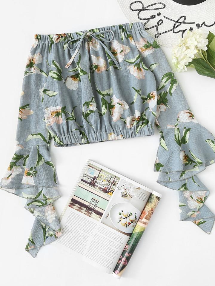 Romwe Off Shoulder Floral Print Fluted Sleeve Top
