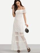 Romwe White Lace Overlay Ruffled Off The Shoulder Dress