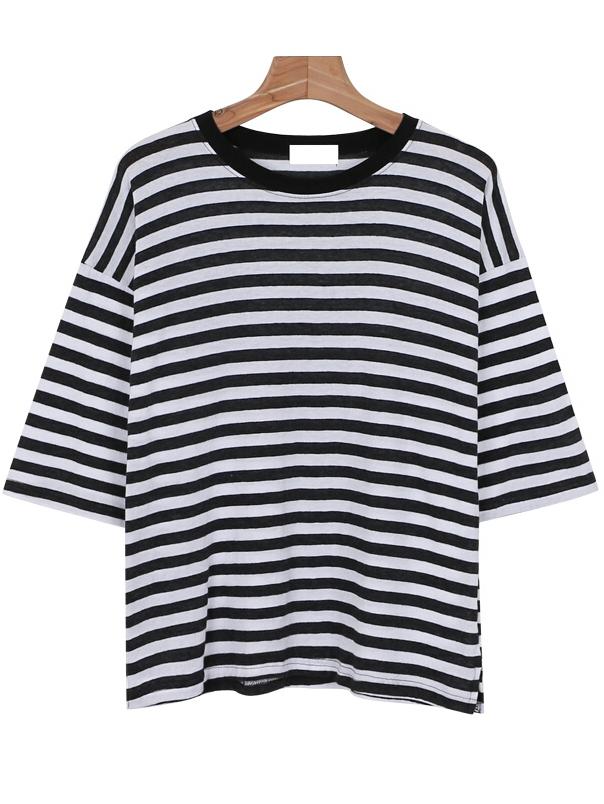 Romwe Letter Print Striped Loose Black T-shirt