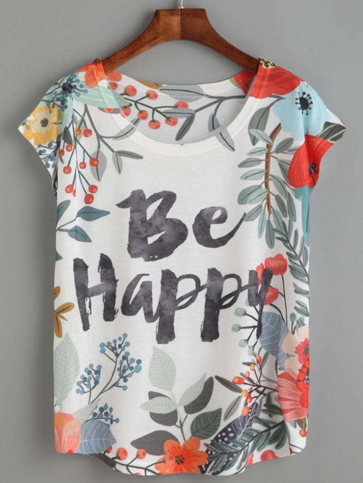 Romwe White Floral Letters Print T-shirt