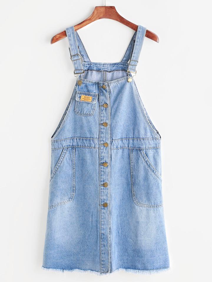 Romwe Blue Single Breasted Pockets Pinafore Denim Dress