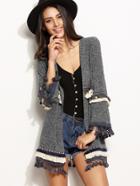 Romwe Grey Marled Knit Cardigan With Embroidered Tape And Fringe Detail