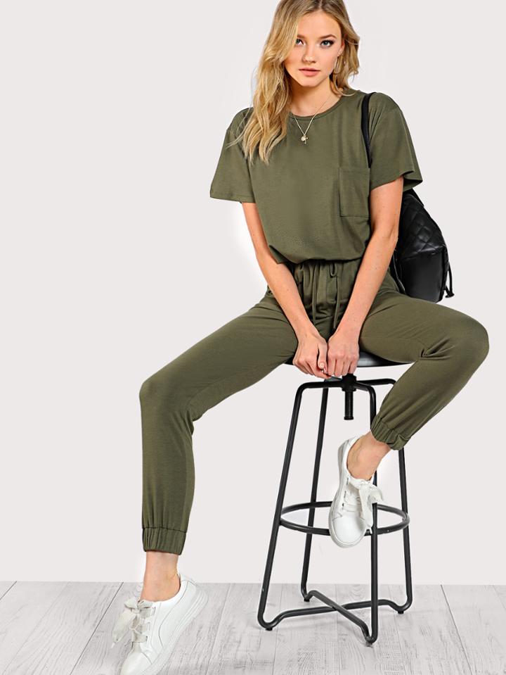 Romwe Drawstring Waist Solid Sweat Jumpsuit