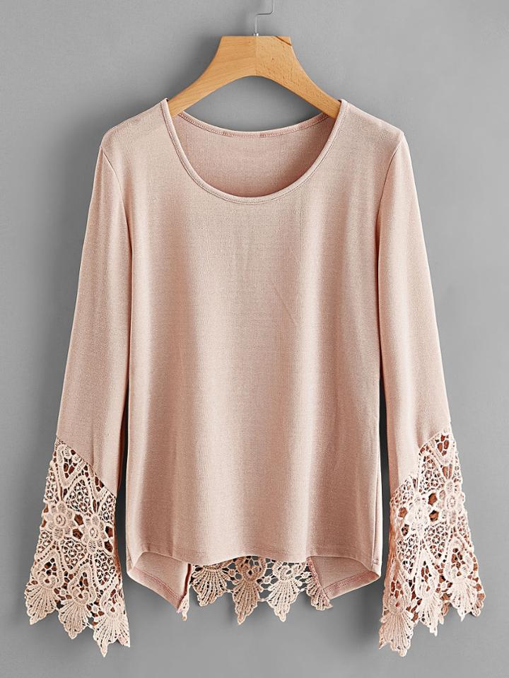 Romwe Lace Panel V Cut Back Tee