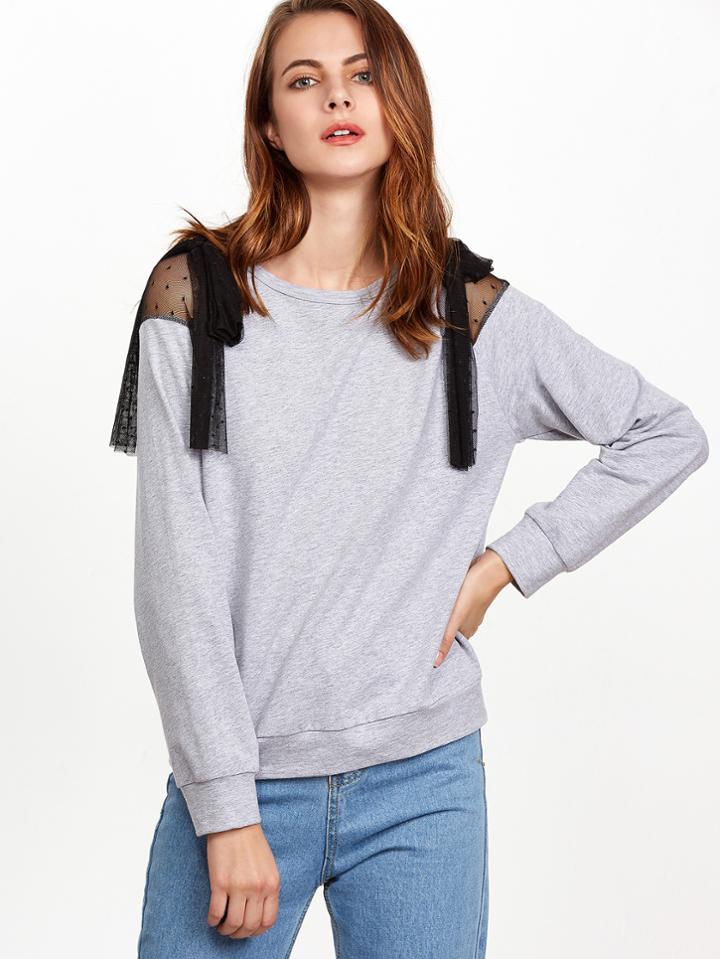 Romwe Heather Grey Bow Tie Dotted Mesh Shoulder Sweatshirt