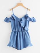 Romwe Frill Drape Cold Shoulder Surplice Chambray Cami Playsuit