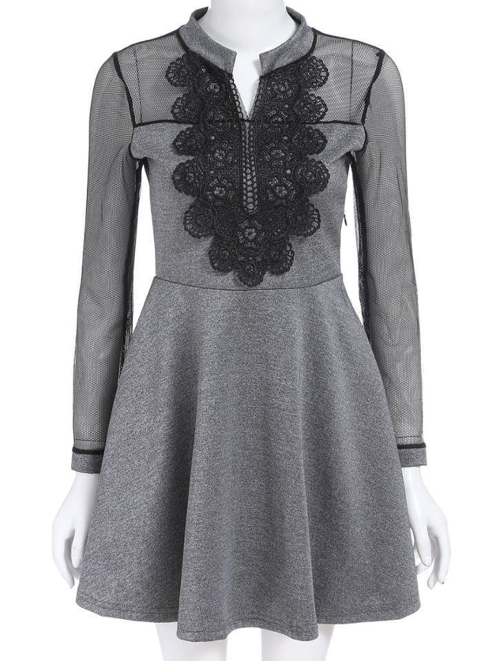 Romwe V Cut Contrast Lace Dress