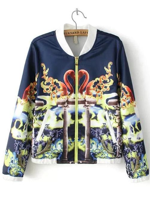 Romwe Crane Print Crop Navy Jacket