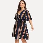 Romwe Plus Block-striped Angel Sleeve Wrap Dress