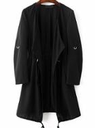 Romwe Black Draped Collar Drawstring Chiffon Coat