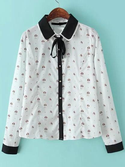 Romwe Lapel Dog Print Bow Blouse