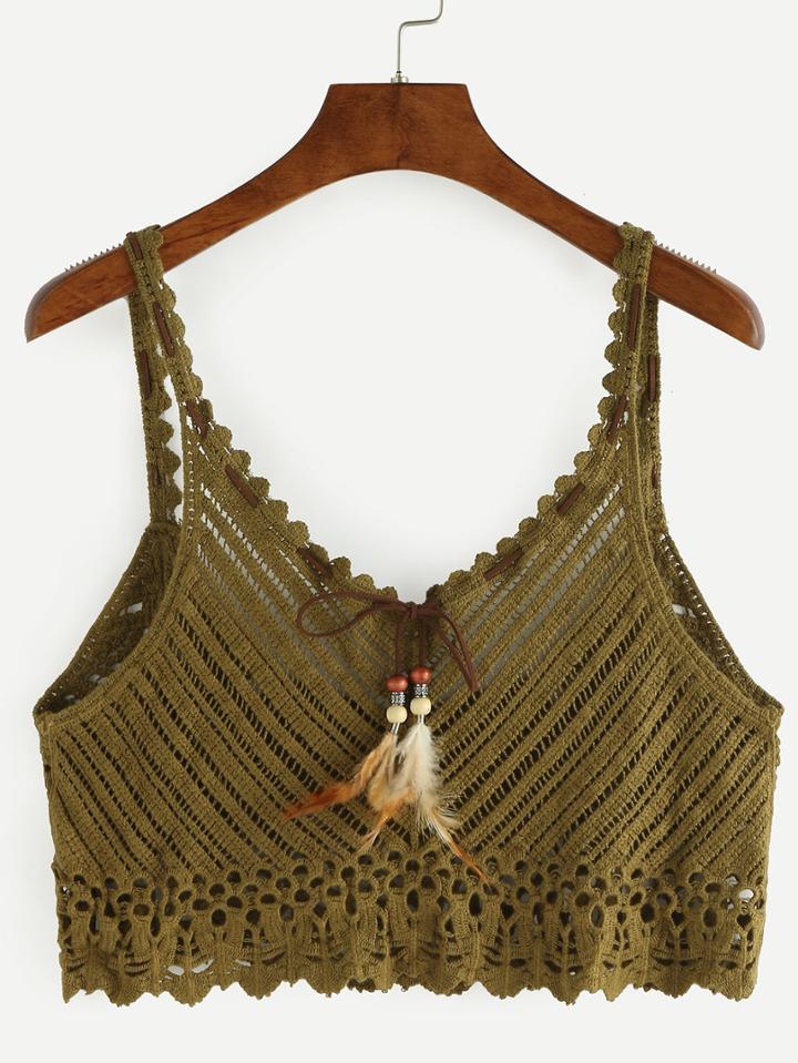 Romwe Tie-neck Crop Crochet Cami Top - Olive Green