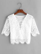 Romwe Eyelet Lace Up Front Scalloped Hem Lace Blouse