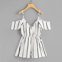 Romwe V Neckline Open Shoulder Striped Romper