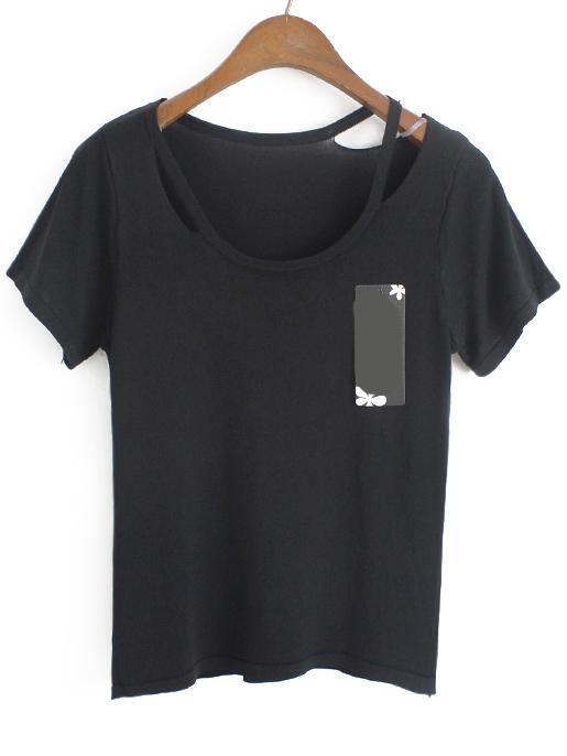 Romwe Round Neck Hollow Black T-shirt