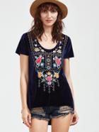 Romwe Navy Scoop Neck High Low Embroidered Velvet T-shirt