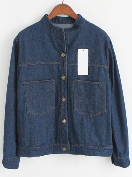 Romwe Round Neck Pockets Denim Coat