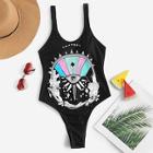 Romwe Eye Print Low Back One Piece Swim
