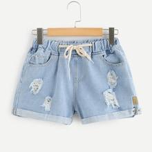 Romwe Plus Rolled Trim Drawstring Denim Shorts