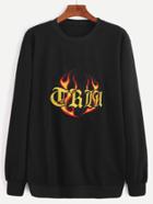 Romwe Black Letter And Fire Embroidery Sweatshirt