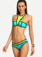 Romwe Color Block Halter Neck Bandeau Bikini Set