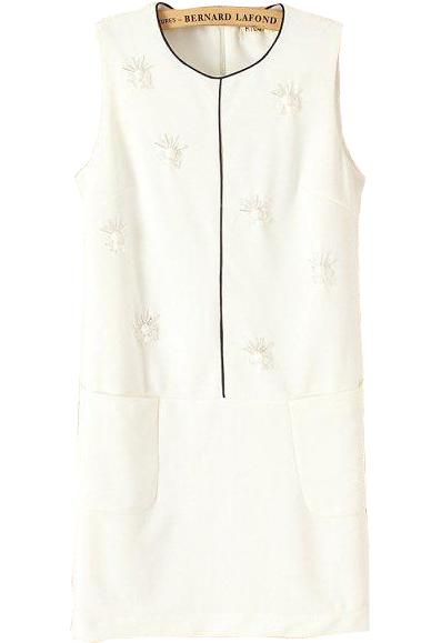 Romwe Sleeveless With Bead Pockets Straight White Dress