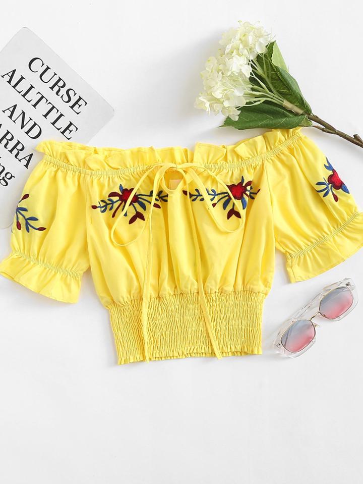 Romwe Off Shoulder Embroidered Tie Neck Top