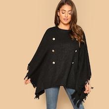 Romwe Frayed Trim Buttoned Poncho Coat
