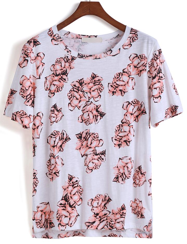 Romwe Dip Hem Rose Print Pink T-shirt