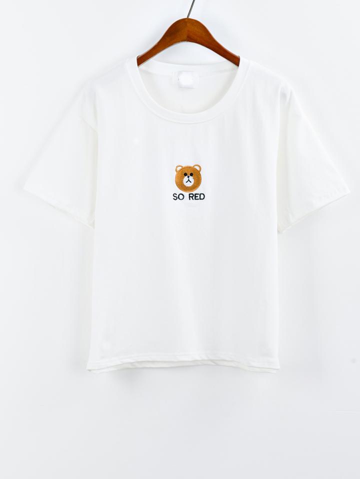 Romwe Embroidered Bear White T-shirt