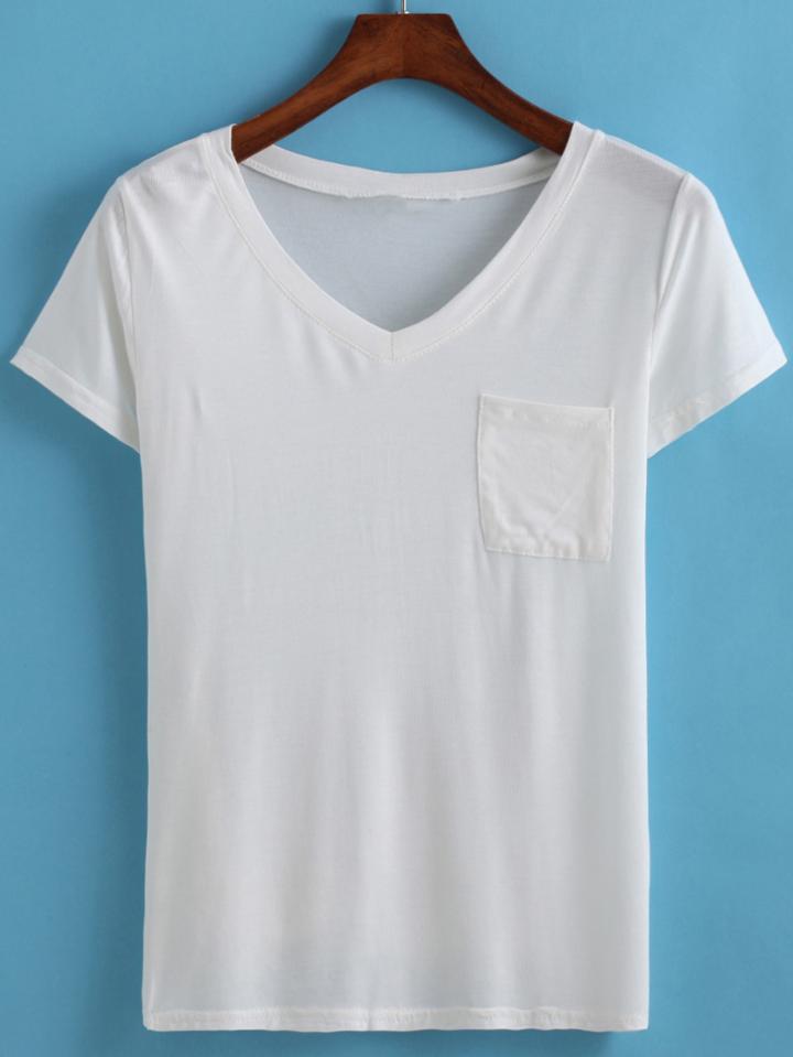 Romwe V Neck With Pocket Slim T-shirt