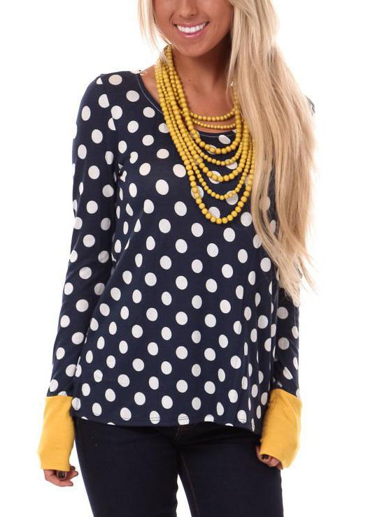 Romwe Long Sleeve Polka Dot Contrast T-shirt