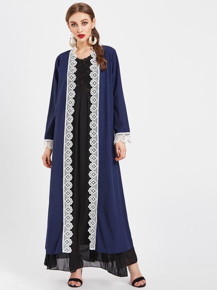 Romwe Contrast Lace Trim Self Tie Longline Abaya