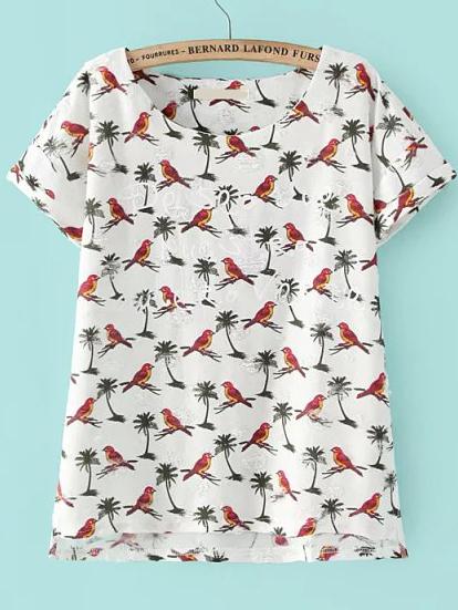 Romwe Bird Print Ripped T-shirt