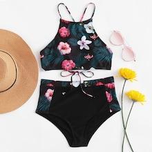 Romwe Flower Print Self Tie Top With High Waist Bikini