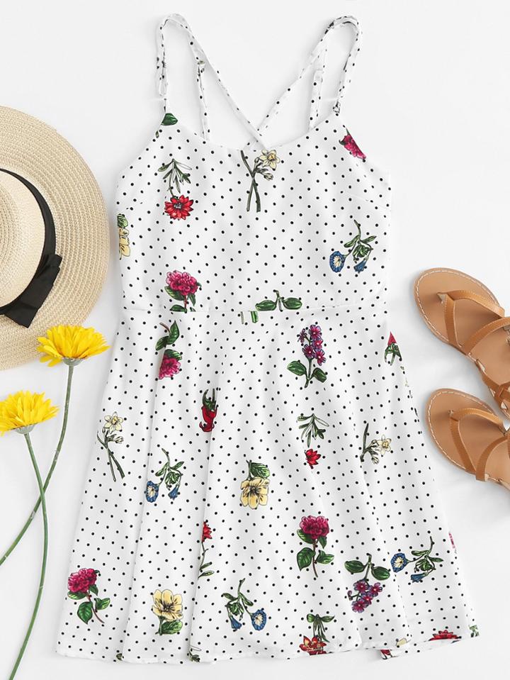 Romwe Floral Print Criss Cross Back Spot Cami Dress