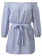 Romwe Blue Vertical Striped Off The Shoulder Dress With Tie