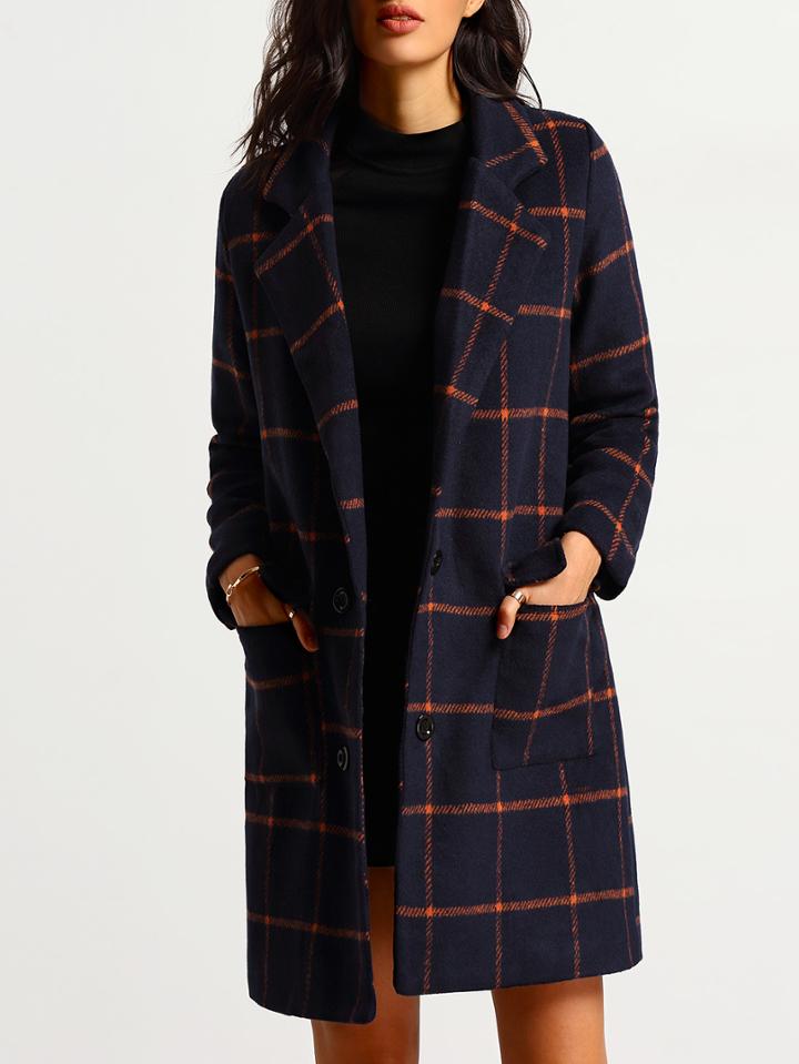 Romwe Lapel Plaid Long Coat With Pockets