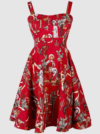 Romwe Red Spaghetti Strap Printed Self-tie Flare Dress