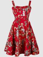 Romwe Red Spaghetti Strap Printed Self-tie Flare Dress