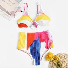 Romwe Colorblock Knot Front Top With High Waist Bikini